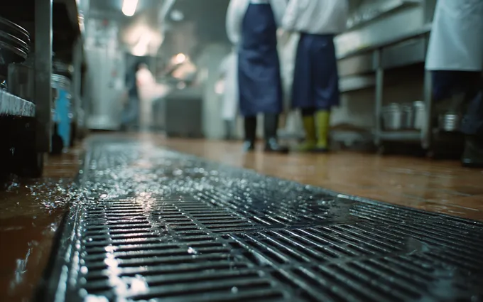 Ribbed anti-slip drainage matting on a wet workshop floor with liquid draining through