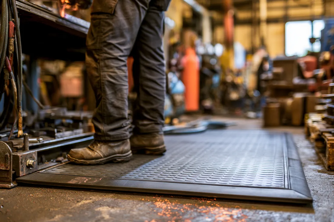 A welder's boots on a bevelled-edge flame-retardant anti-fatigue mat at a workstation, with sparks on the floor nearby
