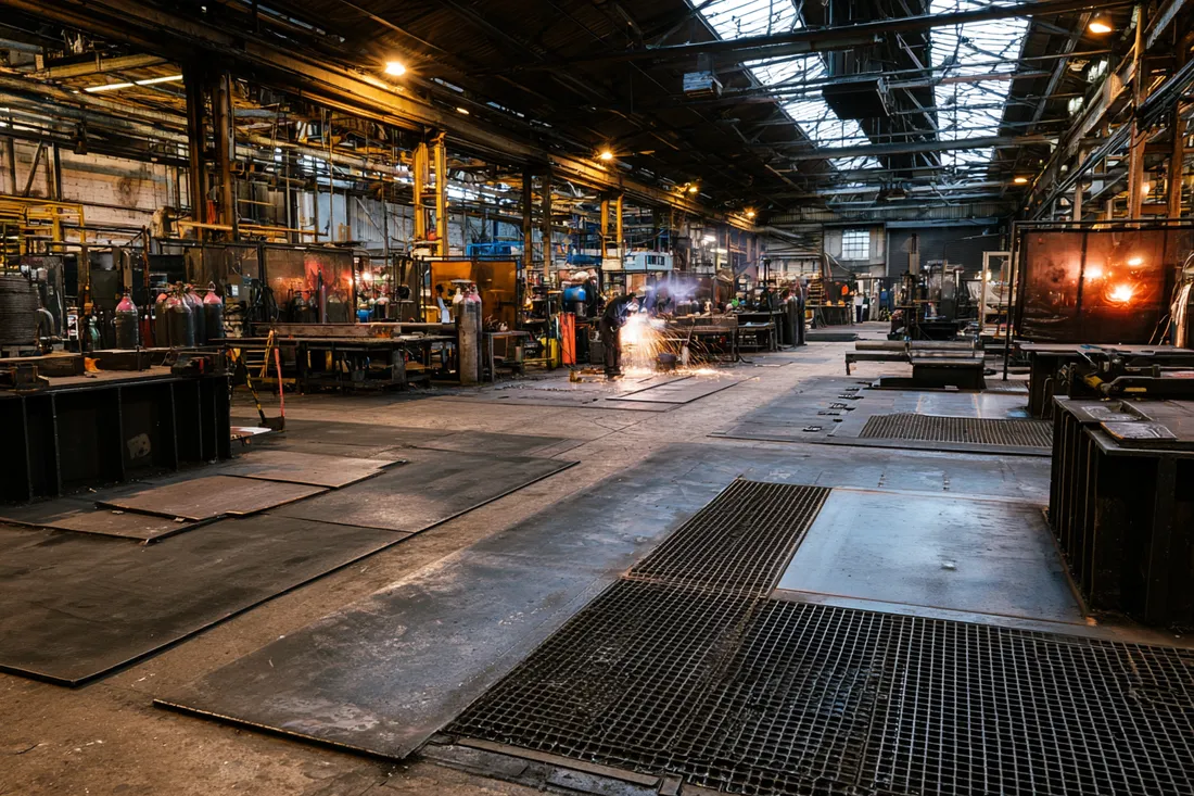 A welder striking an arc in a busy steel fabrication workshop, with heavy floor protection laid across the hot works area