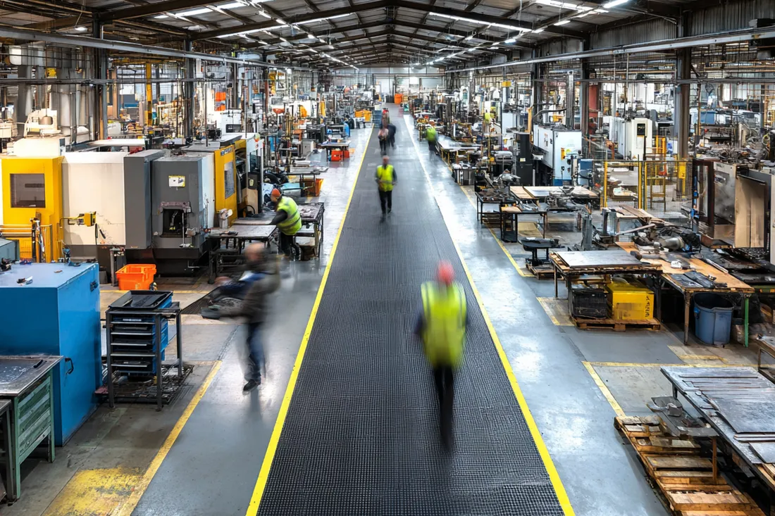 Matting running along a marked walkway across a busy engineering and fabrication workshop floor