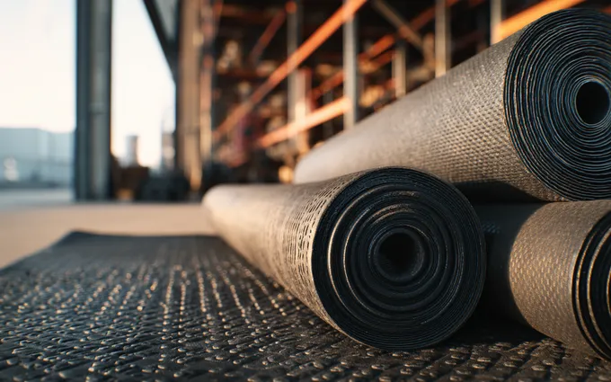 Rolls of heavy-duty rubber matting with studded and ribbed finishes stacked in a workshop store