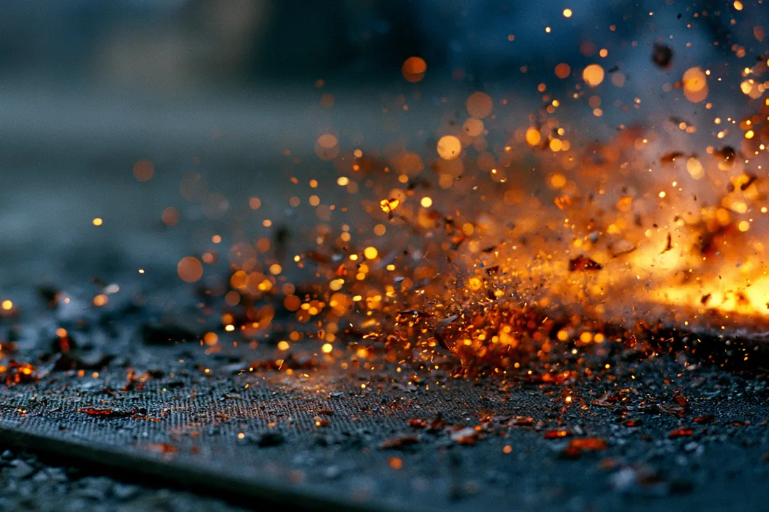Molten weld spatter and hot sparks scattering across the surface of a dark spark-resistant floor mat