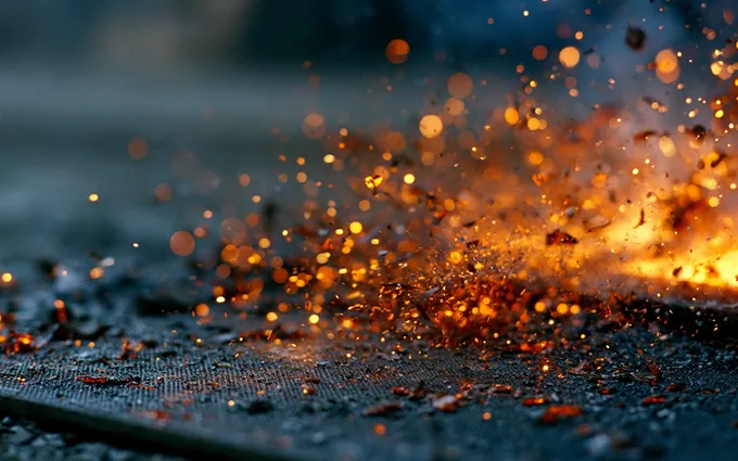 Molten weld spatter and hot sparks scattering across the surface of a dark spark-resistant floor mat