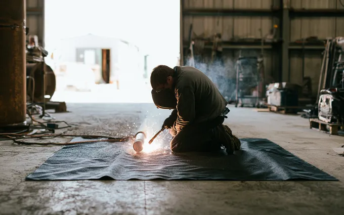 A technician kneeling to weld on a portable fire-resistant mat rolled out over a concrete floor for temporary hot work