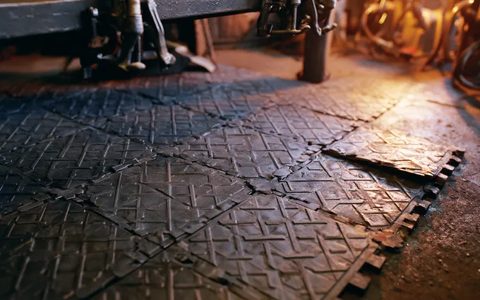Interlocking fire-resistant floor tiles laid across a welding bay, showing the anti-slip tread and edge connectors