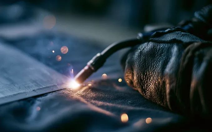 Close-up of TIG welding on steel with a dark welding mat protecting the surface beneath the work